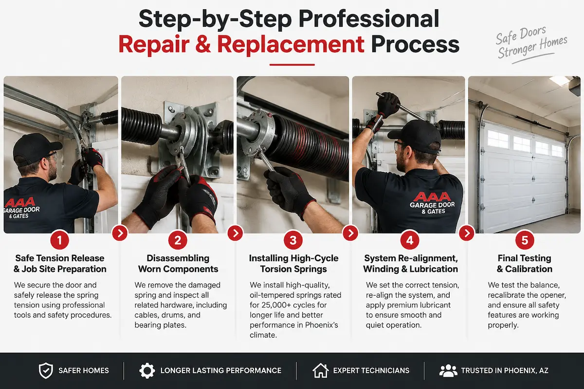 Garage Door Spring Repair Services in Phoenix, AZ step-by-step process infographic