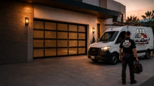 Modern garage door installation with service vehicle