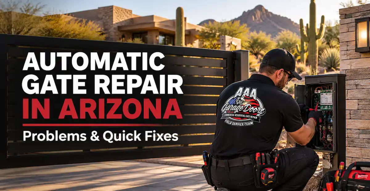 Automatic gate repair in Arizona with technician repairing gate system