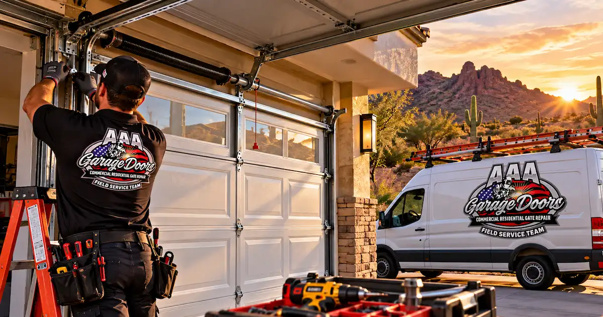 Emergency garage door repair Cave Creek AZ technician repairing a residential garage door