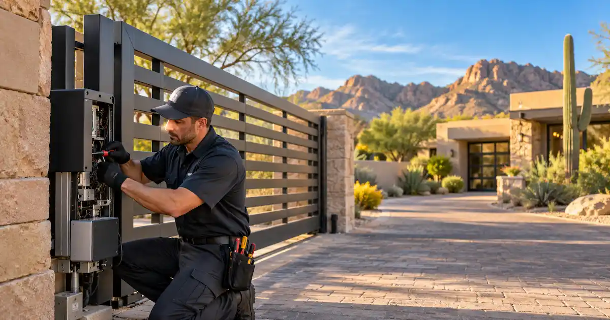 Gate repair cost in Scottsdale AZ with technician servicing automatic gate