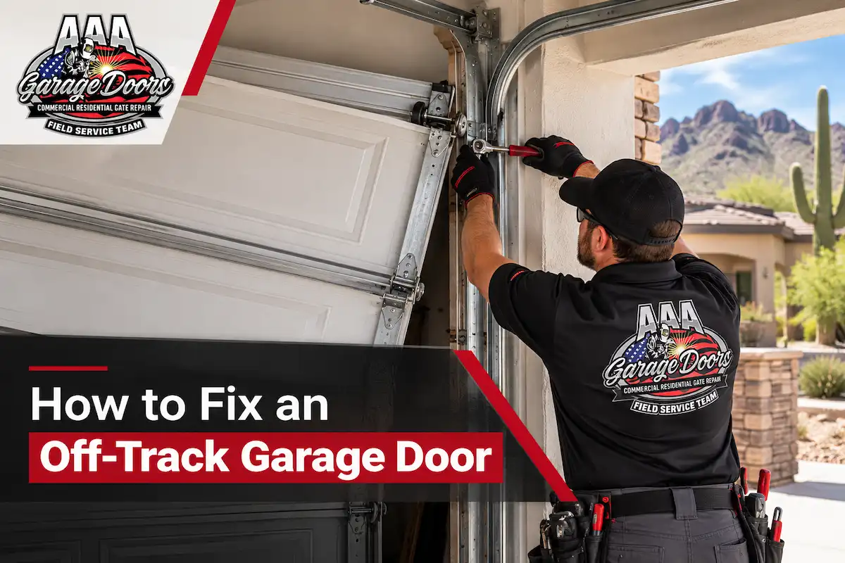 Technician performing off-track garage door repair in Cave Creek, AZ. 