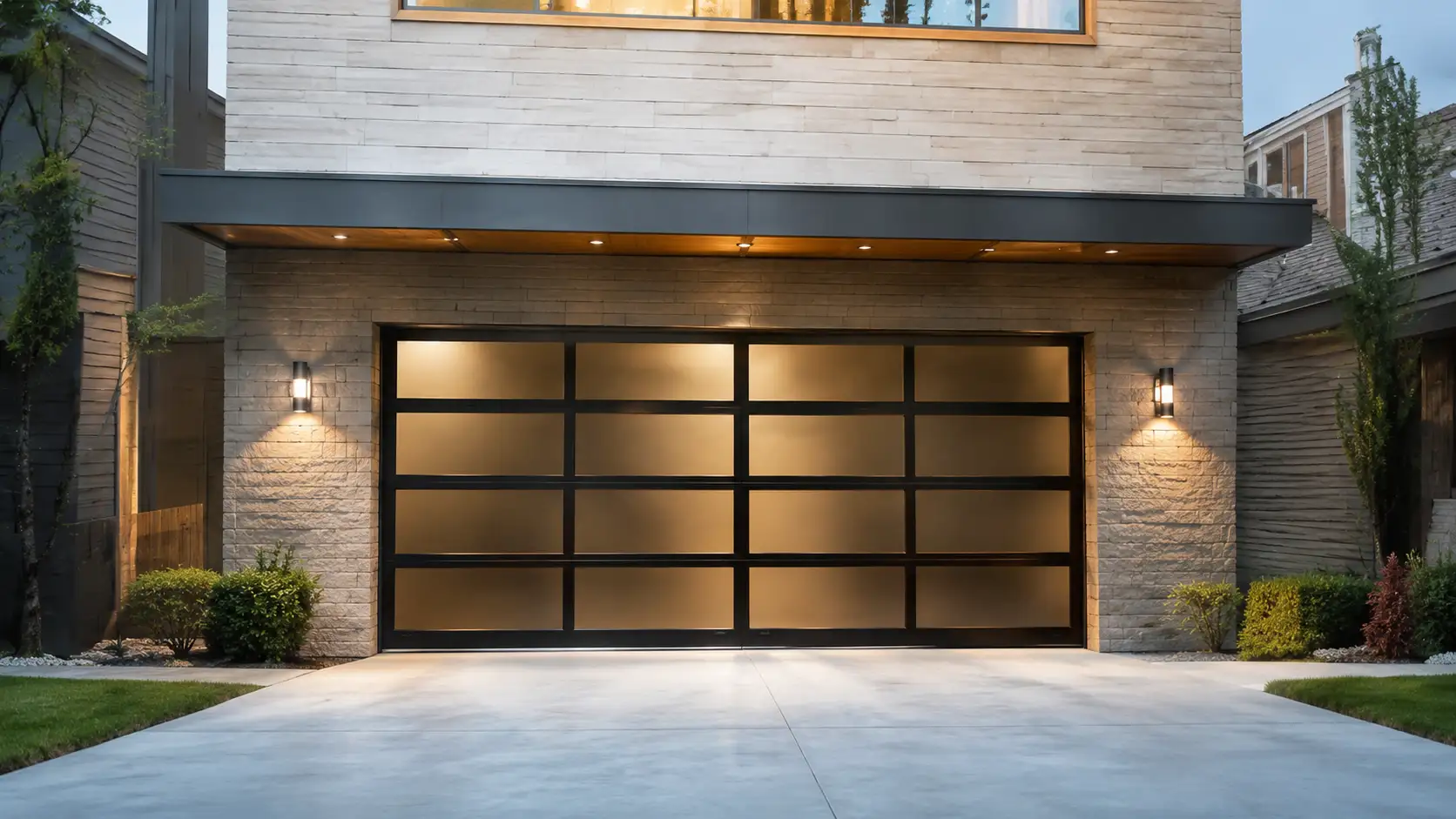 Modern black aluminum frosted glass garage door installation in Scottsdale by AAA Garage Doors