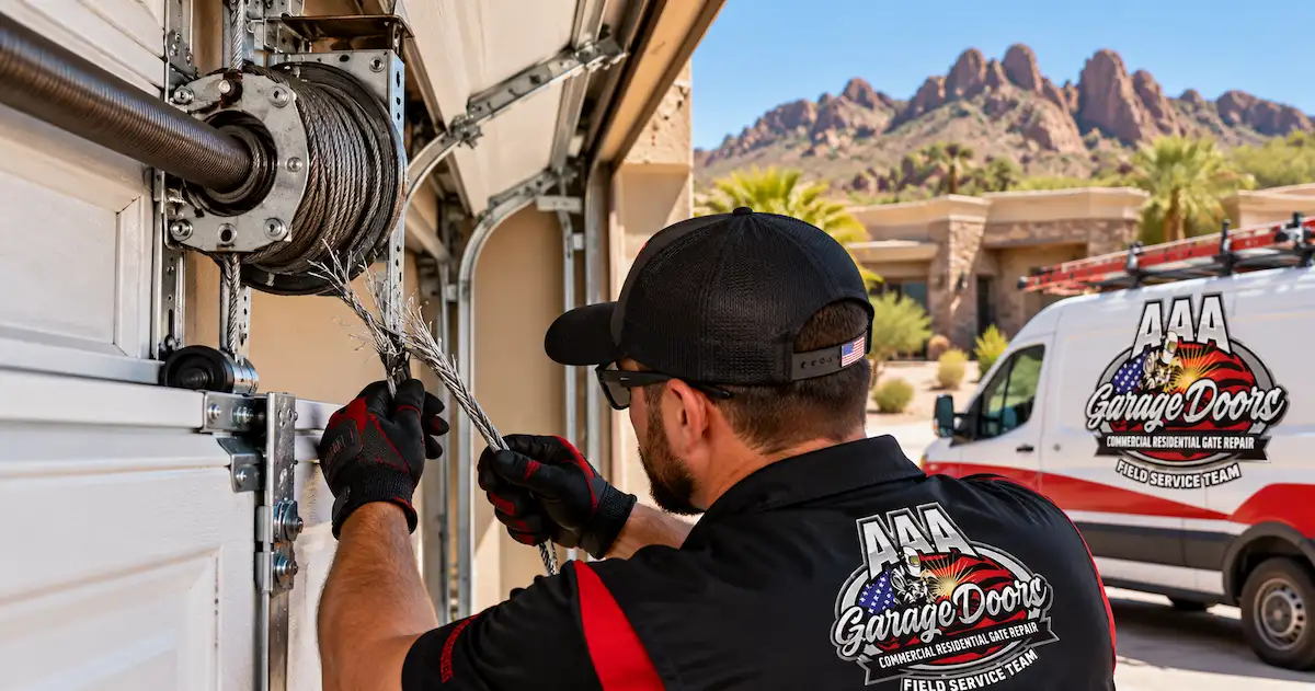 Garage door technician inspecting a broken cable at a Paradise Valley Arizona home