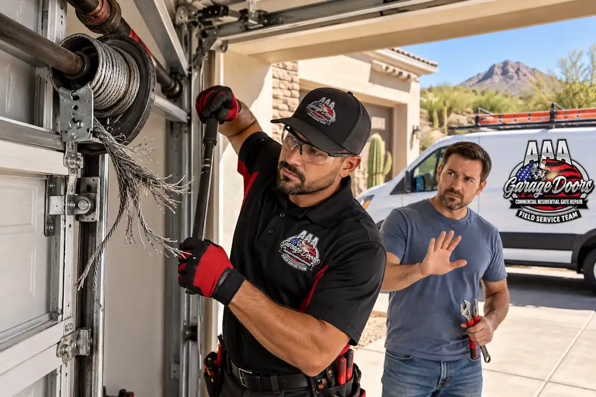 Paradise Valley cable replacement warning showing why DIY garage door cable repair is dangerous