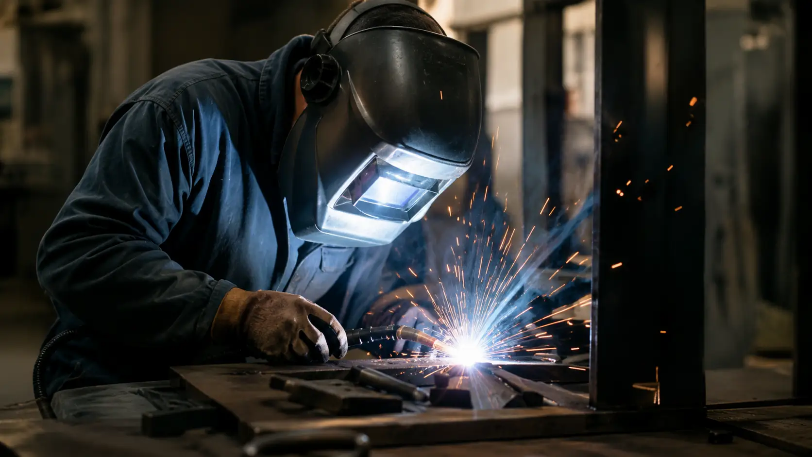 Certified welder in safety helmet performing precision metal fabrication and welding services in Scottsdale
