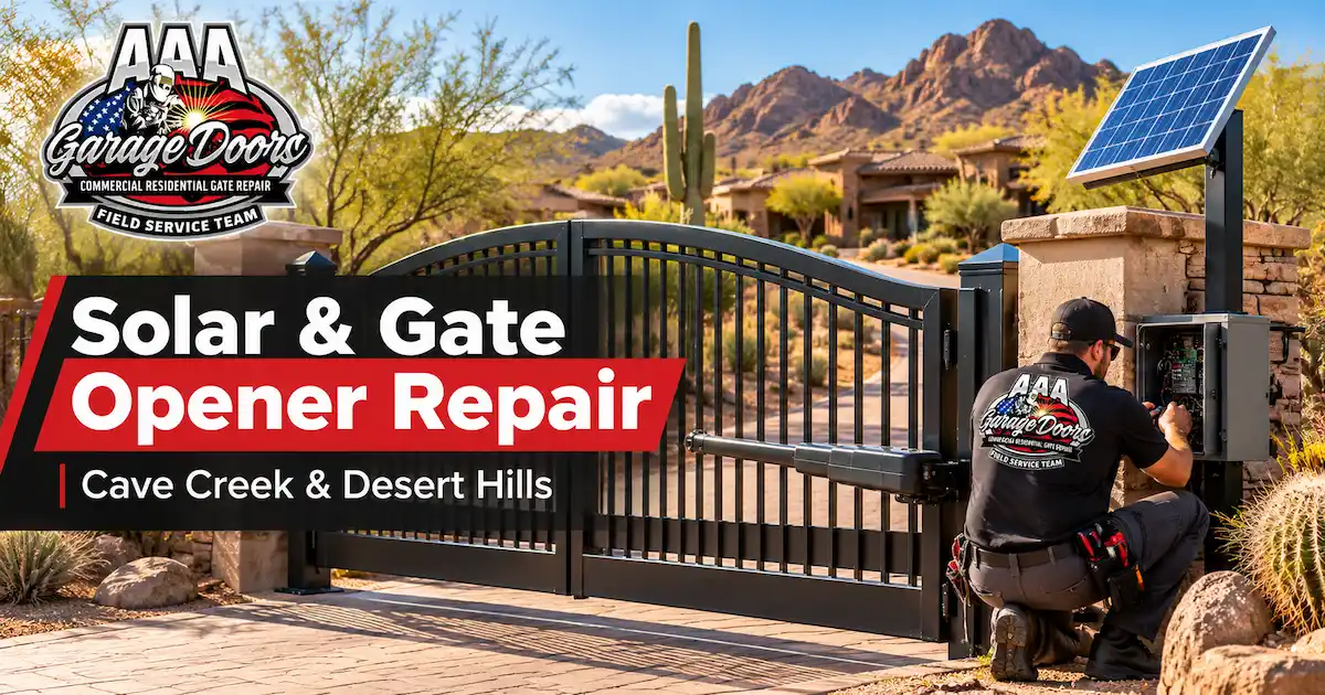Solar gate opener repair technician servicing an automatic gate in Cave Creek and Desert Hills