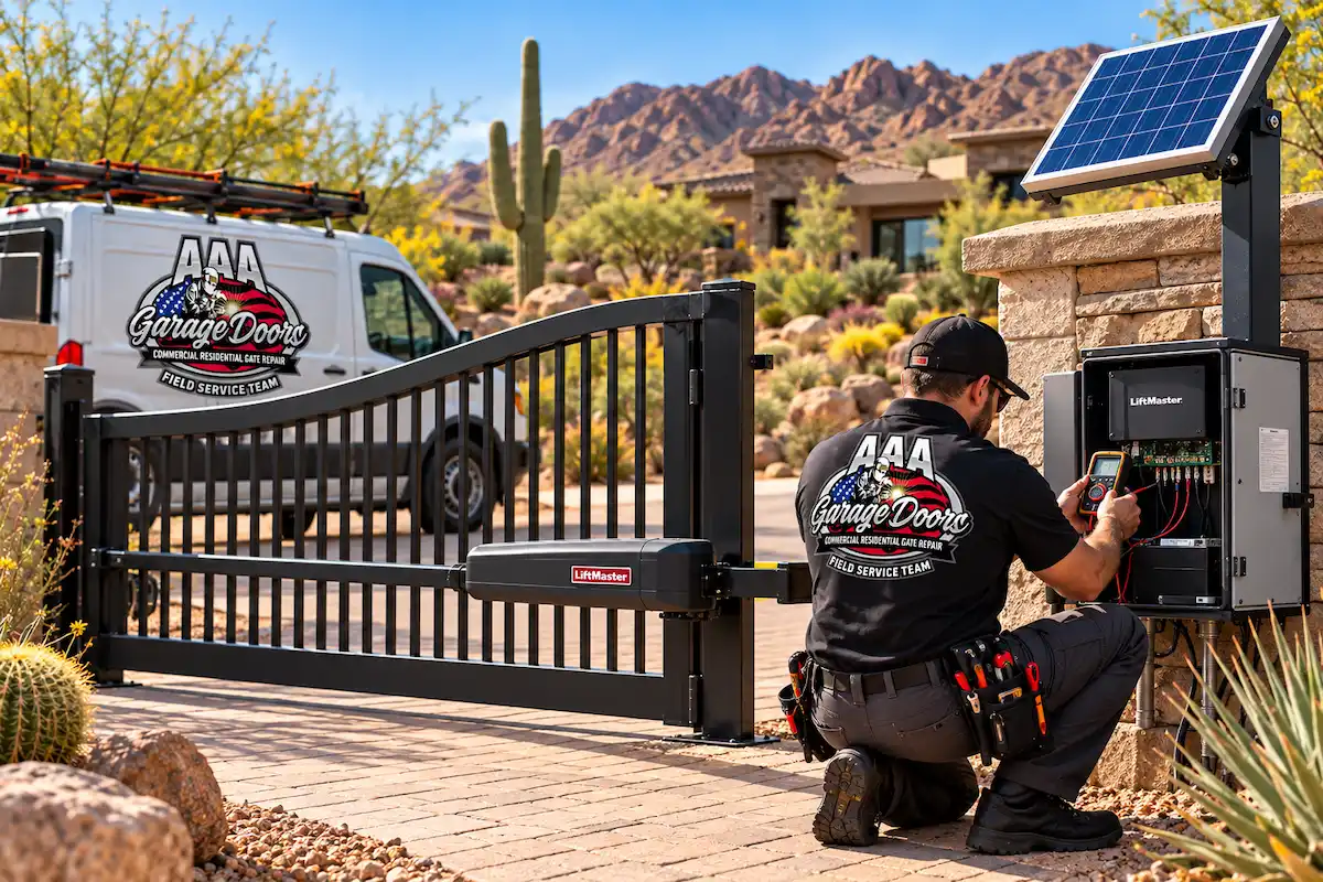 Solar gate opener repair technician troubleshooting a LiftMaster swing gate system in Arizona 