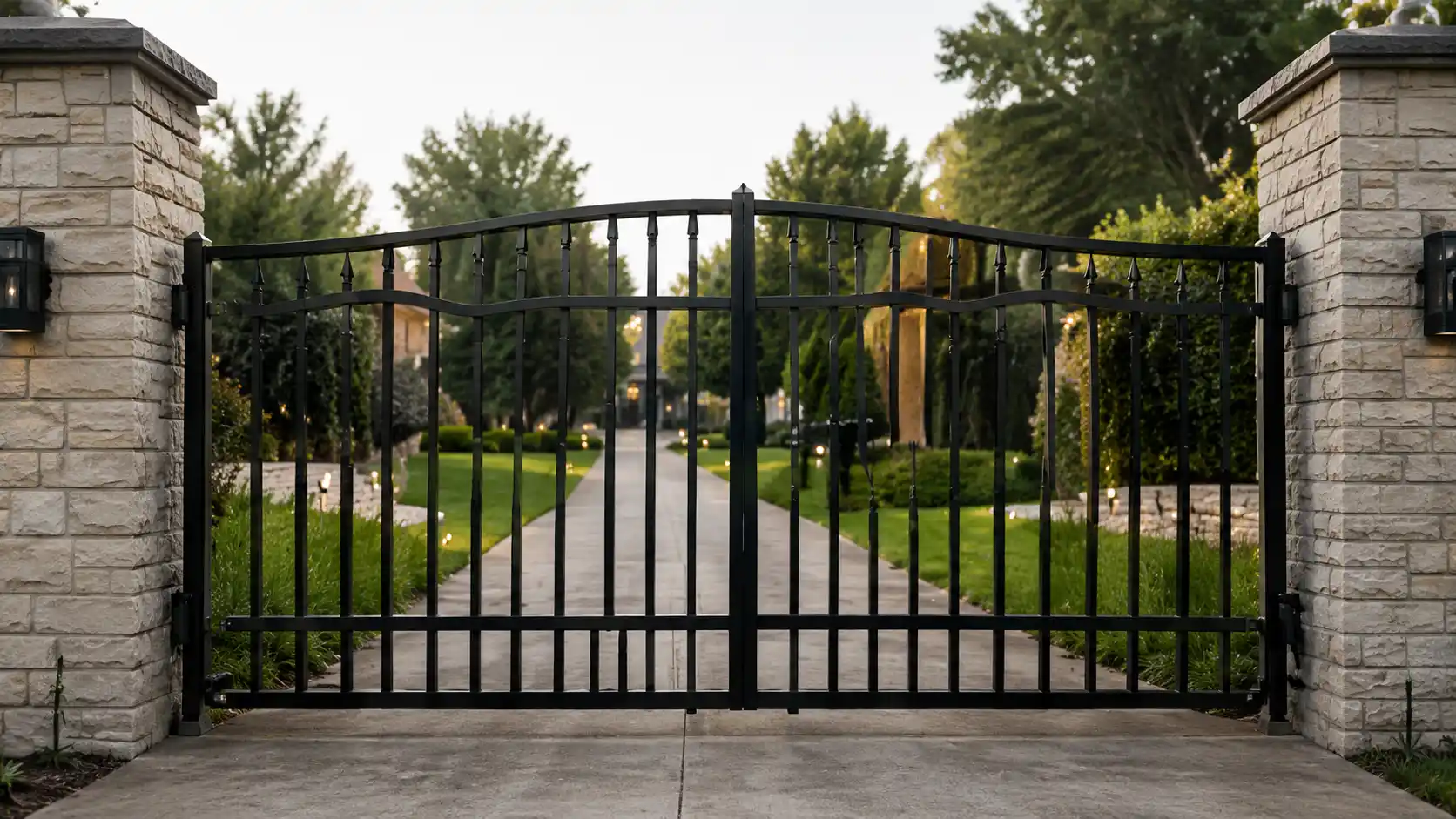 Custom black wrought iron driveway gate with stone pillars repaired by AAA Garage Doors in Scottsdale